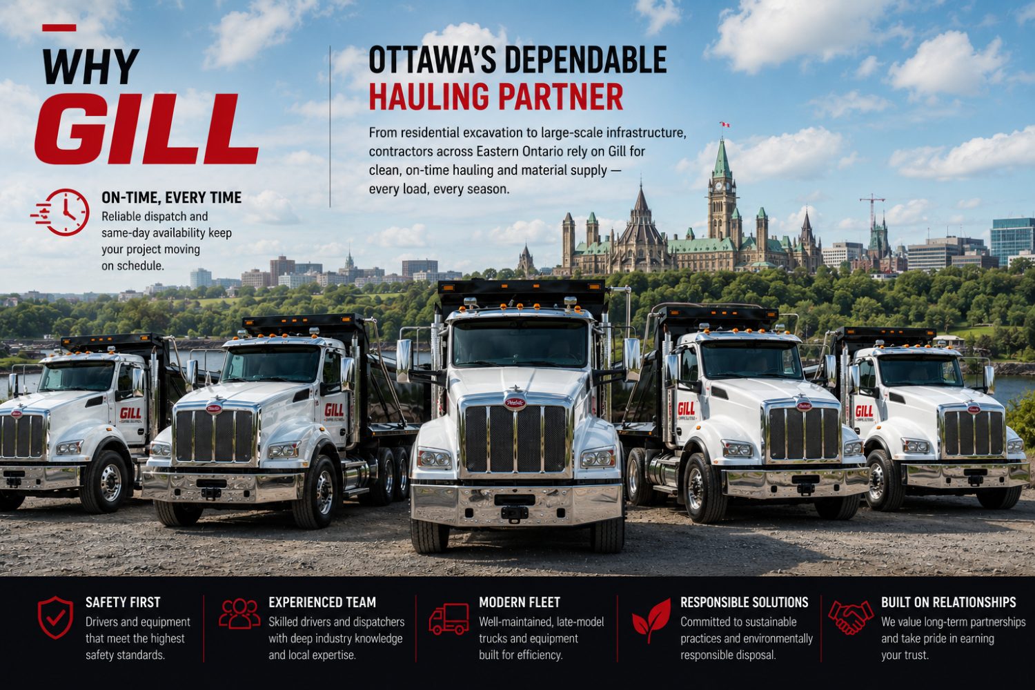 Why Gill — Ottawa's dependable hauling partner. Gill Dumping Solutions Peterbilt fleet lineup in front of the Ottawa skyline. On-time every time, safety first, experienced team, modern fleet, responsible solutions, built on relationships.